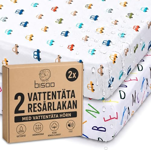 Bisoo Magic Sheet 35x75 1 Bokstäver + 1 Bilar Dra-på-lakan för Barnvagn | 2-i-1, Sparar Madrasskyddet, Vattentät, Andningsbar, Mjuk Bomullsjersey Oeko-Tex