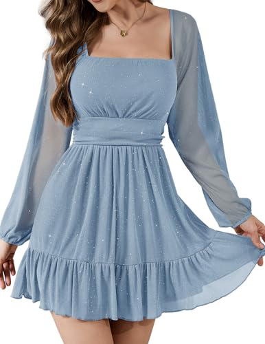 Bridesmay Vestido de manga larga para mujer, cuello cuadrado, holgado, corto, acampanado, casual, vestido de fiesta con dobladillo con volantes, azul claro, S
