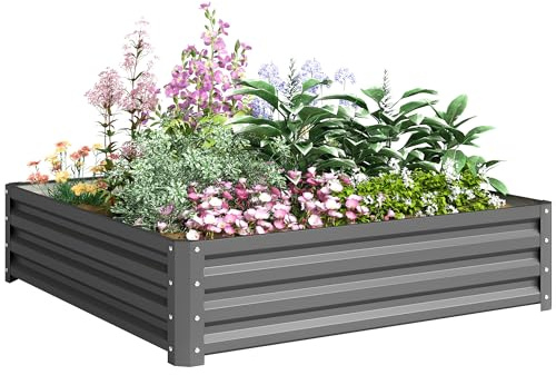 Outsunny Hochbeet für Garten, Terrasse Stahl 120 x 120 x 30 cm Hellgrau | Blumenkasten, Gemüsebeet, Pflanzkasten, Kräuterbeet, für Balkon