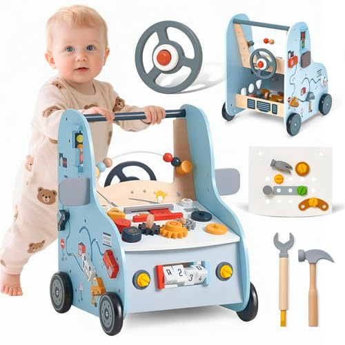 Gåvagn av trä (bil) bil-gåvagn för barn från 1 år 2-i-1, multifunktionell, baby-walker & aktivitetsbord för pojkar och flickor, motoriska färdigheter trä push walker