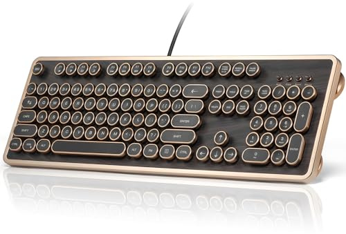 GLENCREAG Tastiera meccanica retrò RK104, cablata full-size, 104 tasti con tasti rotondi per macchina da scrivere, venature del legno, rollover N-Key, interruttori lineari verdi, programmabile QMK/VIA