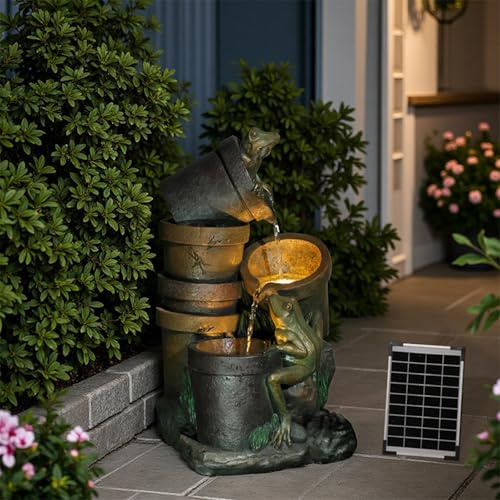 Bumilgar 69cm Outdoor Solar Fountain Waterfall, 3 Layers Frog Water Feature water features for the garden with LED Lights for Garden, Terrace, Backyard, Deck, Porch and Outdoor Decoration.