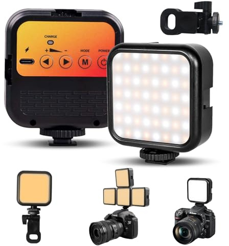 Journeyside Lumière Caméra,Selfie Licht avec 3 Cold Shoe,1200mAh Lumiere Photo mit Klammer Telefonhalt, Lumières LED pour Camera Portable 62 Perles,3000K-5500K Couleur Température Réglable（avec Clip）