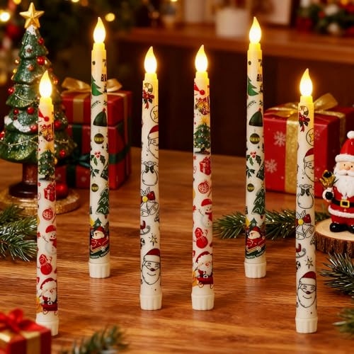 GAROMIA 6 Stück Weihnachtskerzen Weihnachten Led Kerzen mit Timerfunktion Stabkerzen Flammenlose Stabkerzen festlichen Motiven Weihnachtsdeko Kerzen für Weihnachten Deko Tischdekoration
