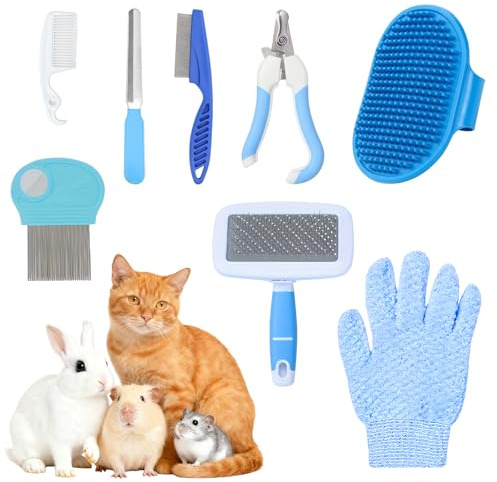 Kaninchen Pflege Set, 8 Stück, Blau | 2 Flohkamm, Nagelfeile, Nagelknipper, Massagebürste, Badehandschuh