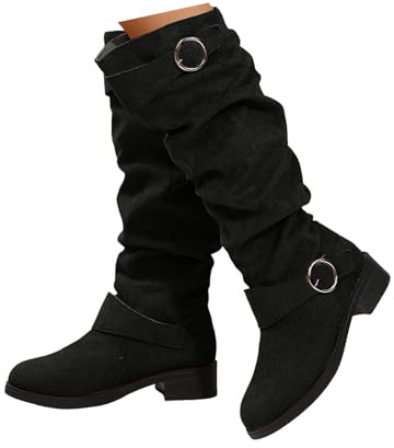 Xbemkste västerländska stövlar dam mocka stövlar eleganta långa stövlar veckade bältesspänne knähöga stövlar höga cowboystövlar vinterstövlar slip-on damstövlar, svart, 37 EU