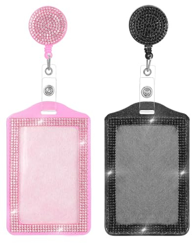 2 PCS Bling ID Badge Holder, Retractable Black Pink Vertical Badge Holders, Portable Rhinestone Teacher Lanyard Reel Clip for Nurse, Doctor, Office Business(Pink, Black)