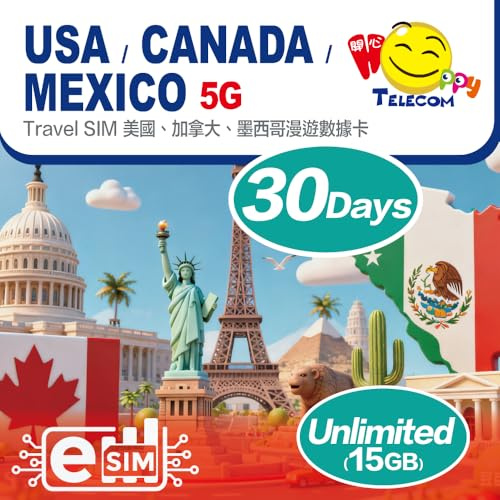 Happy 5G eSim USA Canada Mexico 7, 15, 30 Days Unlimited Data Travel Sim Card (excludes Alaska & Guam) | 5G High-Speed Data | Easy Activation | No Need Registration (eSIM 30Days 15GB)