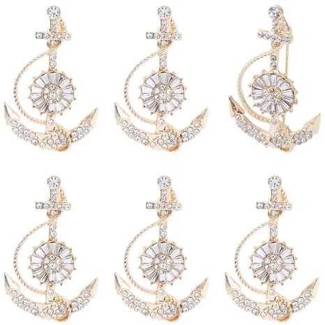 DICOSMETIC 6 Stück Anker Vierblättriges Brosche Reversnadel Funkelnde Rhinestone Broschen Goldene Legierung Revers Broschen Revers Nadeln für Rucksäcke Hut Hemden Taschen