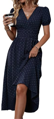 HUXRAKV Casual Wrap Summer Dresses for Women UK Elegante Ladies V Neck Lantern Sleeve Ruffled Waist Maxi Dress Boho Beachdress,51-Navy Blue,M