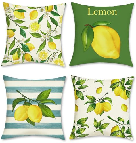 Bonhause 4er Set Kissenbezüge Zitrone 40 x 40 cm Gelbe Obst mit Grüne Blätter Polyester Leinen Dekorative Kissenhülle Zierkissenbezüge für Sofa Schlafzimmer Wohnzimmer Auto Zuhause Dekoration