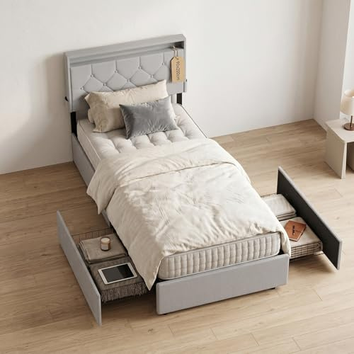 QEENTOE Polsterbett 90x200 cm Leinenoptik, Doppelbett Bettgestell mit Schubladen auf Rollen, Stauraumbett mit Lattenrost, Schubladenbett für Schlafzimmer Jugend & Erwachsene Hellgrau