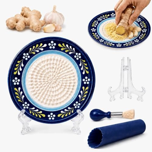 Ceramic Garlic Grater Plate, 4-Piece Set 4.5inches Garlic Grater Dish, Double Circle Design with Flower, Grating Dish for Garlics Ginger Kitchen Tool with Peeler, Brush, Stand