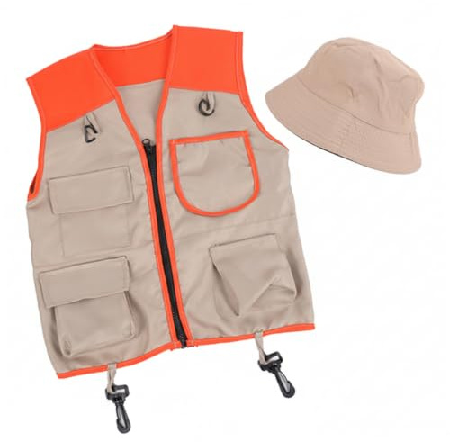 Ginwrek Gilet de pêche pour enfants, gilet de pêche, costume de gardien de zoo – Orange et chapeau avec plusieurs poches, fermeture éclair facile pour jeu de rôle en plein air