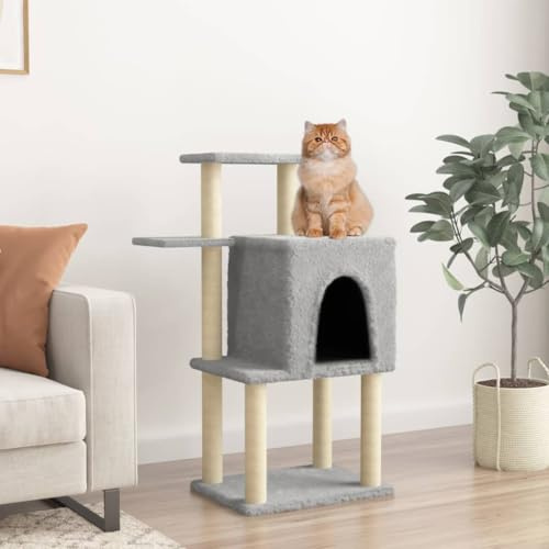 Ordellia Arbre à chat avec arbre à grimper en sisal et grotte - Gris clair - 97 cm - Plateforme en peluche - Hamac - Colonne à gratter - Meubles à gratter pour l'intérieur et le salon