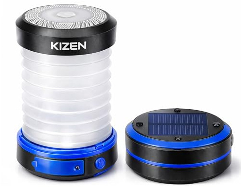 Kizen Outdoor Solar Lantern - Solar or Plug Rechargeable Lantern - Collapsible LED Light for Power Outages - Camping Essential Lamp for Tent Light, Hanging, or Flashlight