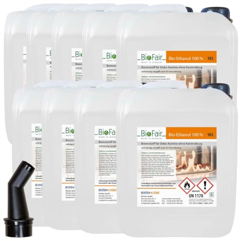 BioFair Bioethanol 100% Kamin Brennstoff für Ethanolkamine, 9 x 10 Liter | Für Bioethanolkamin, Ethanol Tischkamin, Wandkamin Indoor, sofort einsatzbereit ohne Mischen; geruchs- und rußfrei, 90 Liter