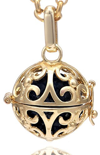 Morella Collar de Acero Inoxidable Dorado 70 cm con Colgante Dorado Ornamento y Bola de resonancia de circonita de Color Negro Ø 16 mm para Damas en Bolsa para Joyas