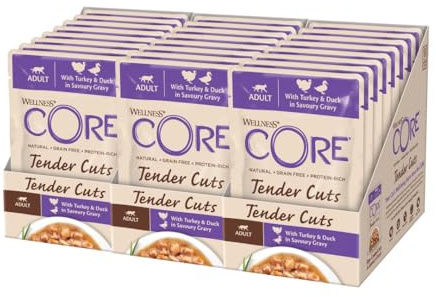 Wellness Core Tender Cuts, kalkon och anka, 24 x 85 g, våtfoder för vuxna katter i sås, utan tillsats av socker, spannmålsfri, med hög kötthalt