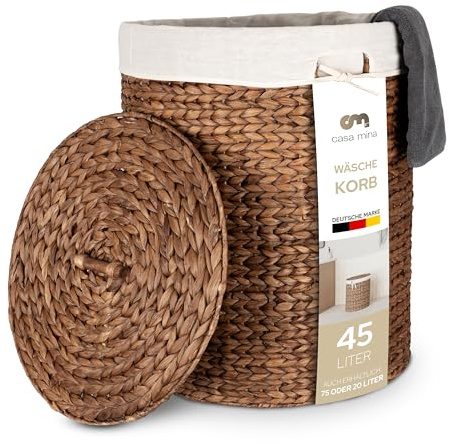 Casa Mina® Wäschekorb mit Deckel D35 x H50cm hoch I Atmungsaktiver Wäschekorb geflochten aus 100% Naturfaser I Robuster Wäschesammler mit Griffen & waschbarem Innensack I Wäschekörbe - Manila