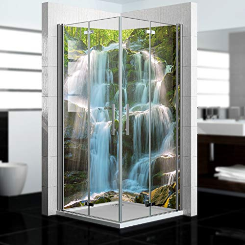 dedeco Eck-Duschrückwand wasserfest mit Wasserfall V6 Motiv UV-Lack glänzend - 2 x 90x200 cm, Badrückwand zum Fliesenersatz, Dekorwand, Wandverkleidung, Duschplatte aus Aluminium - Made in Germany