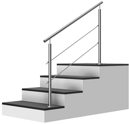 Edelstahl Treppengeländer/Außengeländer, 1m lang, 0,9m hoch, Aufmontage, je 2 Pfosten + Handlauf mit Kugelring + 2 Querstäbe + Zubehör, Winkelverstellbar (L:1000mm H:900mm)