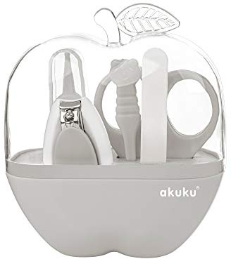 AKUKU Set de cuidado de uñas para bebés recién nacidos, color azul, 5 piezas, manzana, kit de cuidado para bebés recién nacidos, niñas y niños, set básico de equipamiento para bebés (gris)