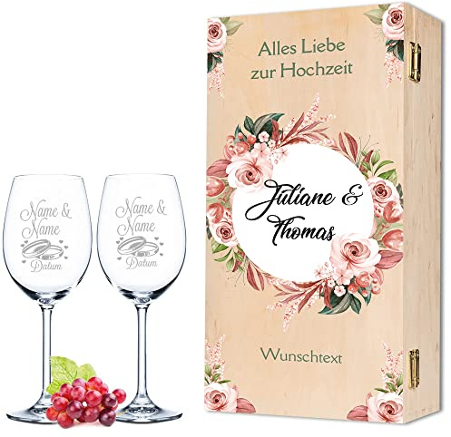 GRAVURZEILE Leonardo Weingläser mit Gravur - Pink & White Roses Design - Personalisiert mit Namen & Datum inkl. Holzkiste - Geschenk zur Hochzeit Verlobung Jahrestag - Farbe: Kleine Kiste UV