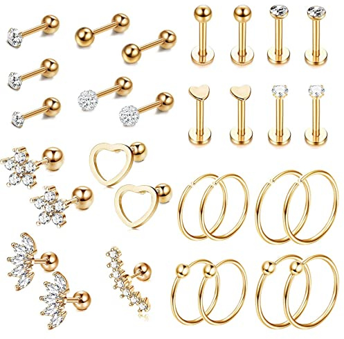 KALVICA 30 Pcs 16G Pendientes de Cartílago Acero Quirúrgico Para Mujer Hombre Barra CZ Conch Corazón Tragus Helix Piercing Joyería Pendientes de Cartílago Stud Hoop Daith Pendientes