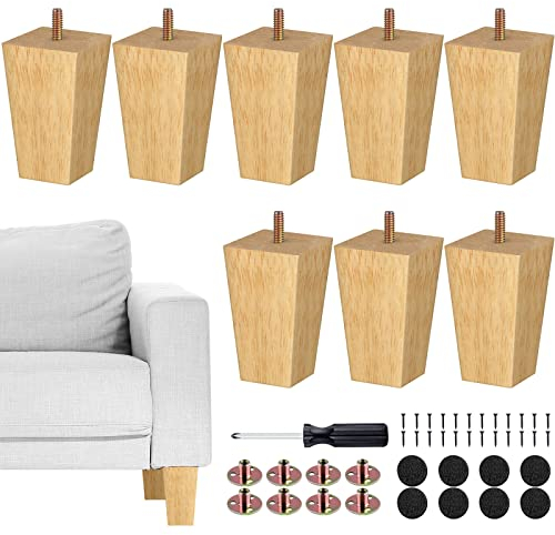TURSTIN Set of 8 Furniture Legs 4 Inch Square Solid Wood Couch Legs Replacement Sofa Legs Mid Century Furniture Feet for Armchair Bed Dresser Cabinet Include Installation Hardware, Natural