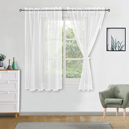 DWCN White Net Curtains for Windows 54 Drop Pair with Tiebacks Semi Transparent Soft Sheer Curtains Rod Pocket Voile Curtain Home Decoration for Living Room/Bedroom/Kitchen,56 W x 54 Drop,2 Panels