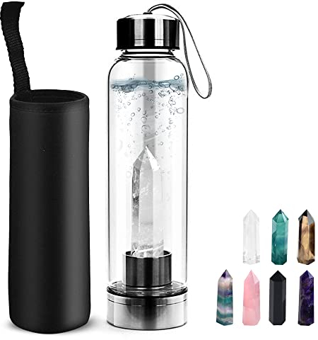 Tyuodna Water Healing Stones Bottle, Crystal Infusion Drinking Bottle, Healing Natural Water Bottle, Leak-Proof Quartz Crystal Glass, Crystal Therapy, Gemstone Bottle (White Crystal + Bottle)