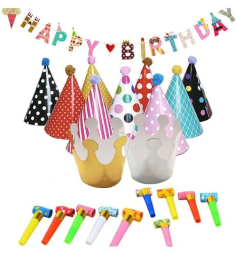 TIANNAIT 22-teiliges Partyhut- und Banner-Set, Kegelhut mit Pom Pom, Kronen-Papierhut, Party-Blowout, Foto-Requisiten, perfekt für Kindergeburtstags-Verkleidung, festliche Party-Dekorationen