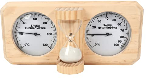 ikare Sauna Thermometer and Hygrometer - 3 in 1 Wooden Sauna 15 Minute Hourglass Sand Timer, Wall-Mounted Sauna Room Accessories