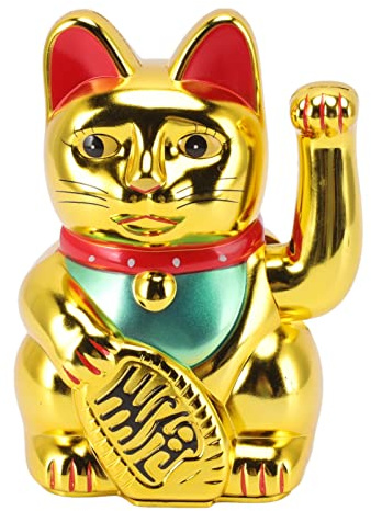 Lucky Fortune Cat, Japanese Lucky Cat with Waving Arm, Feng Shui Good Luck Cat Figurine, Battery Operated Gold Fortune Cat Wealth Health Welcoming Ornament for Home Restaurant Hotel(6in Golden Cat)