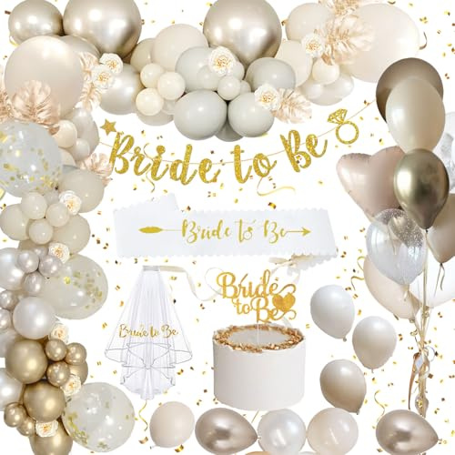 Auezona Bride to Be Deko Beige, Jga Deko Frauen, Junggesellenabschied Accessoires, Jga Accessoires Frauen with Beige Ballons Banner Schärpe Girlande Schleier Tortenstecker