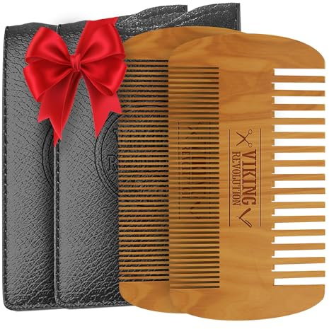 Viking Revolution Peine y estuche de madera para barba, dientes finos y gruesos de doble acción, perfecto para usar con bálsamos y aceites, peine de bolsillo superior para barba y bigote (paquete de