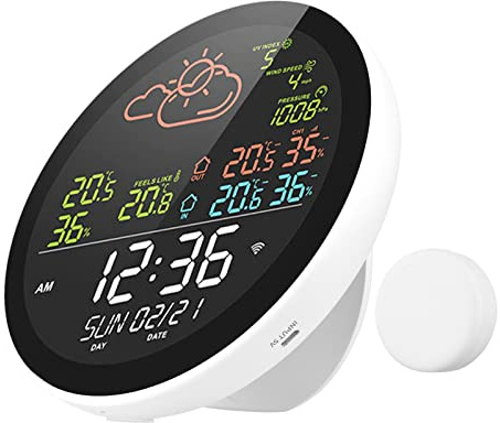 Intelligent väderstation med klocka, temperatur- och luftfuktighetsmätare inomhus och utomhus, multifunktion, stor färgdisplay med 1 sensor