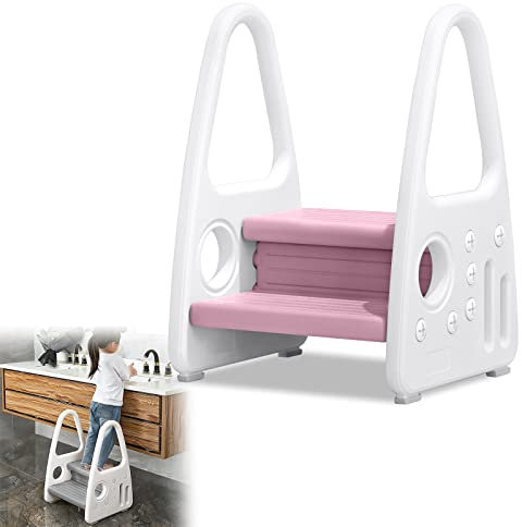 JNGLGO Tritthocker für Kinder, 2 Stufen Kinderschemel, 2 Stufiger Trittschemel für Baby, Lernturm Trittleiter Schemel mit Handhaben, für Kinderzimmer, Badezimmer, Schlafzimmer, Küche (Rosa)