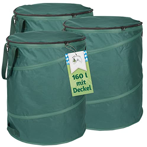 TTL Garden 3x 160L Pop Up Gartensack Deluxe mit Deckel - 220gsm 600D Oxford 3er Set 160 Liter Gartenabfallsack faltbar extra stabil - Laubsack Sack & Behälter für Grünschnitt Garten Abfall