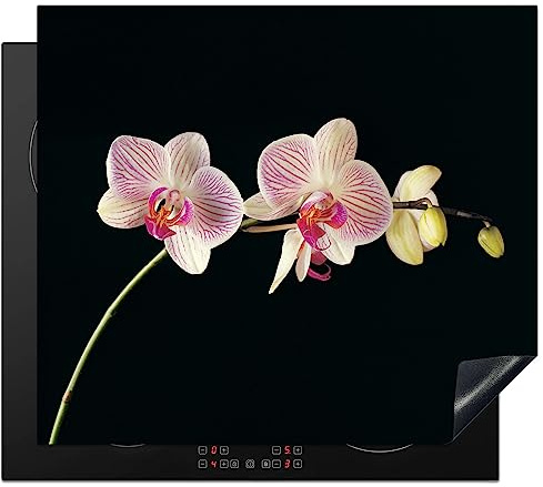 KitchenYeah© Herdabdeckplatte Einteilig Ceranfeld Abdeckplatte | 59x52 cm - Induktionsschutz Ceranfeldabdeckung Vinyl Herdabdeckplatten Orchidee - Pink - Blumen - Schwarz - Rosa - Natur