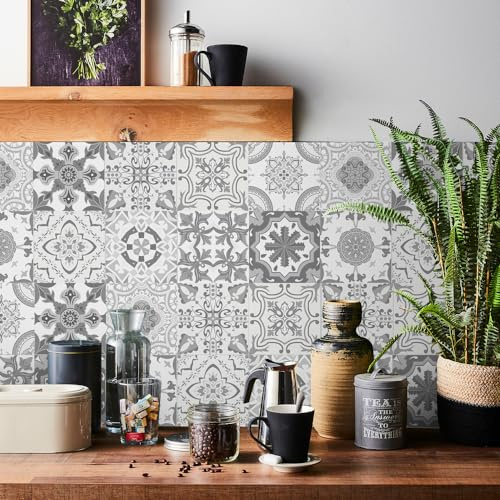 indabyo 20pcs Grey Moroccan Tile Stickers Mosaic Peel and Stick on Tiles | Kitchen Bathroom Wall Stick on Tiles Self Adhesive Vinyl Waterproof Backsplash Tile Covers Decals (15cm x 15cm, 6x6 inches)