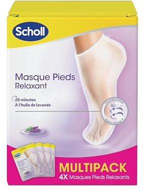 Scholl Lot de 4 Masques Pieds Relaxants à la Lavande pour Peaux Sèches - Soin des Pieds, 4 Paires de Chaussettes Nourrissantes