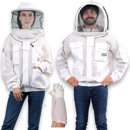 USKEEPERS 3 Layer Ventilated Bee Jacket for Men & Women, Premium Beekeeping Jacket with Gloves & Two Beekeeper Veils. (White J/3XL)