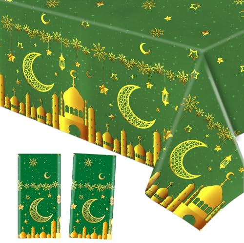 HOWAF 2 Nappe Ramadan Nappe Eid Mubarak Jetable, Nappe Rectangulaire Nappe Aid Moubarak Nappe Plastique Imperméable Nappe Ramadan Kareem Nappe de Table Ramadan pour Ramadan Eid Mubarak Decoration,Vert