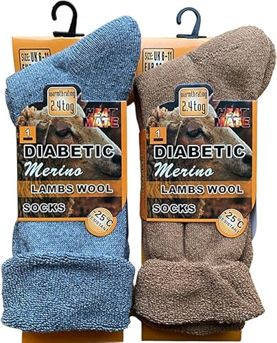 reshmena® 2 Merino Mens Wool Diabetic Socks Loose Top Men Wool Non-Elastic Sock's Mens Thick Boot Socks Winter Sock 2.4 TOG Diabetic 6-11 Assorted