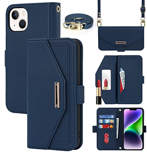 Cavor Coque Compatible avec iPhone 15 Plus Etui avec Cordon,Flip Portefeuille Étui Cuir,[5 Porte Cartes][Miroir][Magnétique][Réglable Collier] Housse - Bleu