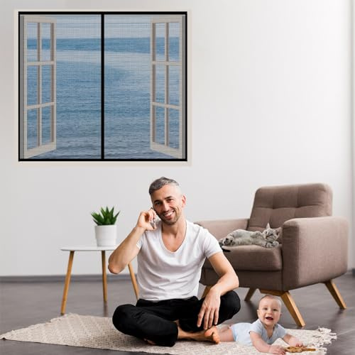 Mosquitera ventana Magnética 200x200cm Negro ventana de Malla Corredera cortina para del Balcón Corredor Contraventanas para mantener los espacios interiores ventilados y libres de insectos