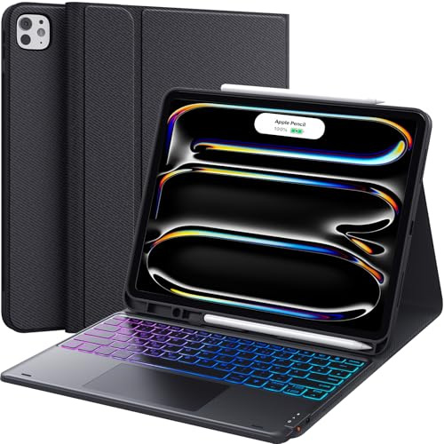 CHESONA für iPad Pro 2024 Tastatur 13 Zoll(M5 2025/M4 2025) | DIY 3-Zone Beleuchtung mit 7 Farben, Multi Touch Trackpad, stifthalter, 2 Bluetooth Kanäle QWERTZ, Schwarz