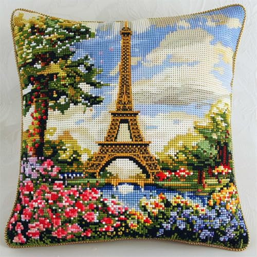DIY knüpfen set erwachsene Eiffelturm und Blumen knüpfkissen set Fantasielandschaft DIY-Kreuzstich-Sofakissenbezug mit Knüpfwerkzeug，passend für Jugendliche und Erwachsene. Knüpfhaken-Kis 43x43cm